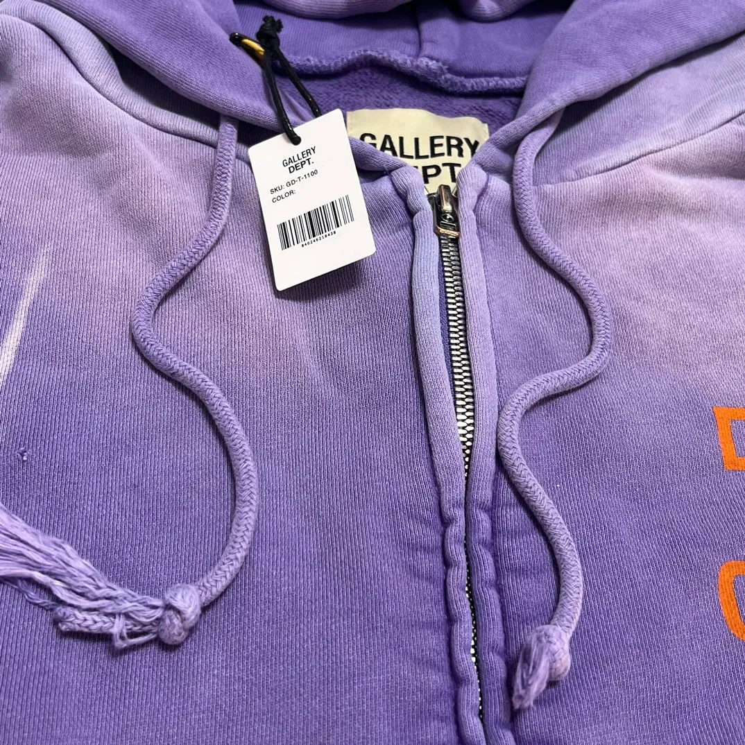 The same style as the owner GALLERY DEPT. FRENCH ZIP HOODIE water corrugated French zipper hole hoodie, sun washed purple, washed purple S-XL, ready-to-wear dyeing, hand-stitched and heavy-weighted, faded, super-heavy washing, hand-hanging holes, bone edges turned white, molded and customized with G LOGO zipper